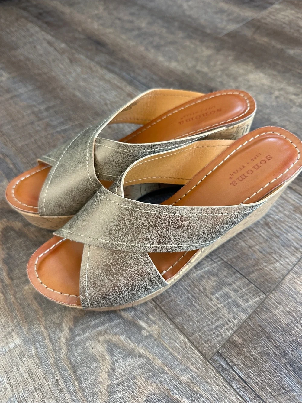 Sonoma Metallic Bronze Crisscross Cork Wedge Sandals